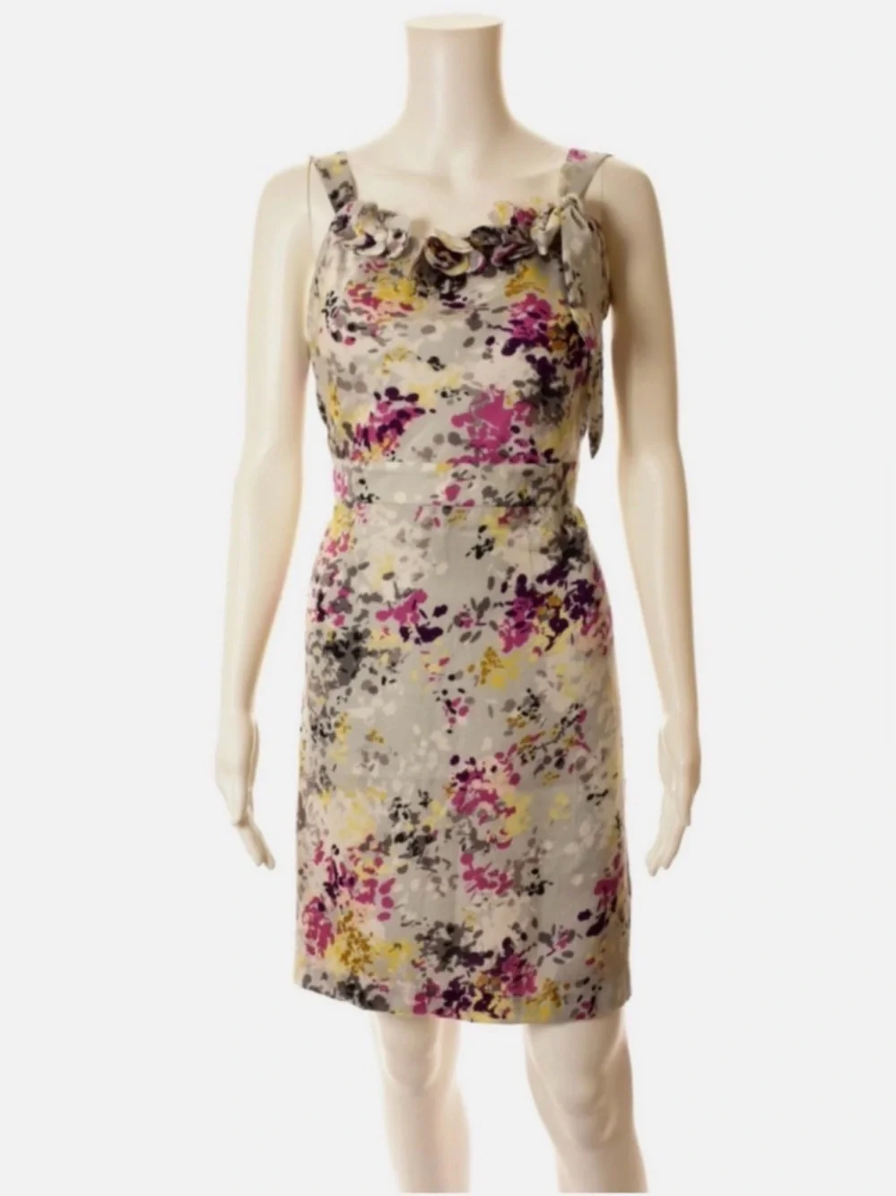 LOFT Floral Ruffle Strap Sheath Dress - Gray, Pink & Yellow - size 4. EE
